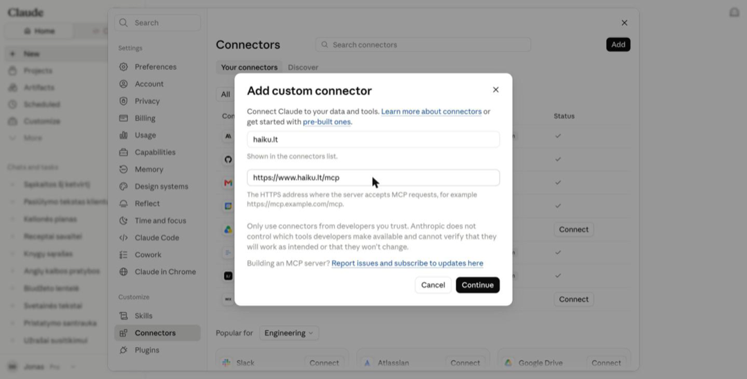 Claude „Add custom connector“ langas su Haiku.lt MCP adresu