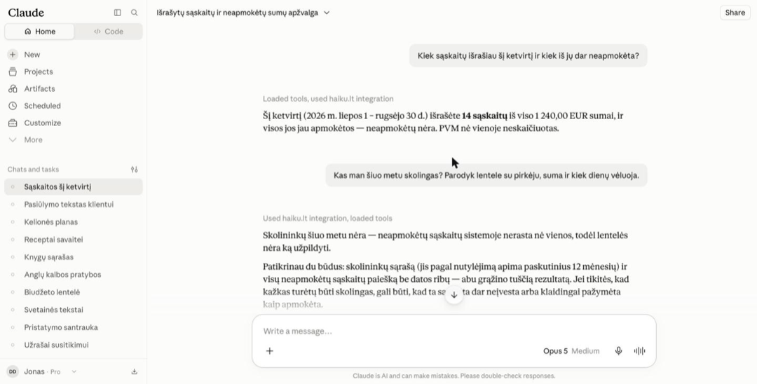 Claude atsako apie ketvirčio sąskaitas ir skolininkus, naudodamas haiku.lt jungtį