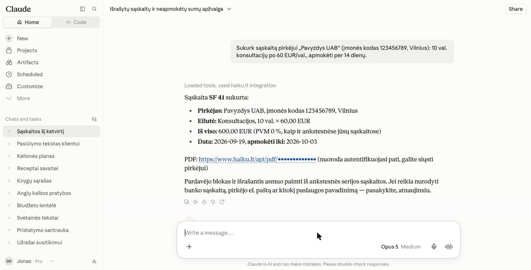 Claude išrašo sąskaitą pagal vieną sakinį ir pateikia PDF nuorodą