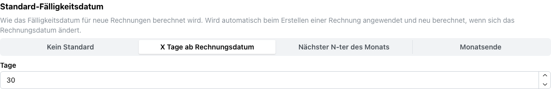 Standardfälligkeit auf der Seite mit den Rechnungseinstellungen