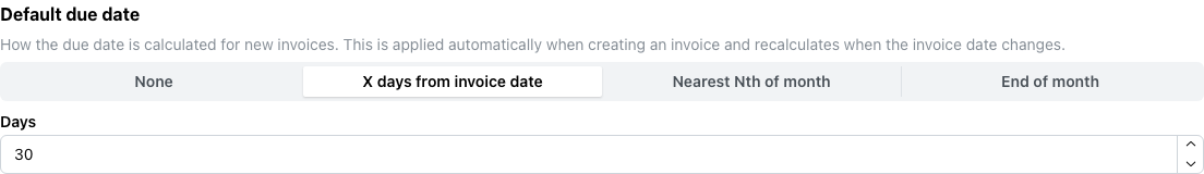 Default due date setting on the invoice settings page