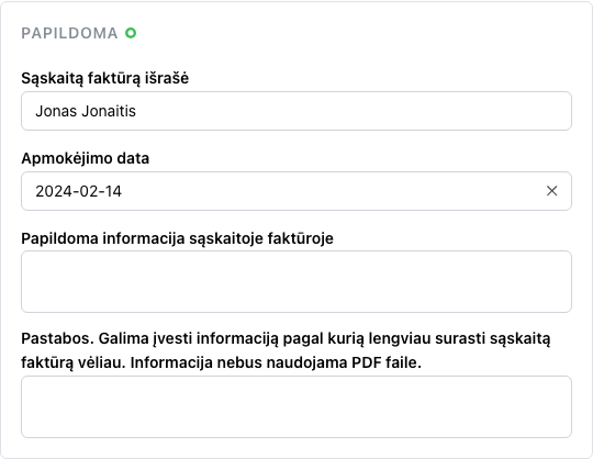 Apmokėjimo termino laukas papildomoje naujos sąskaitos formos srityje