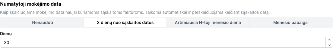 Numatytojo apmokėjimo termino nustatymas sąskaitų nustatymų puslapyje