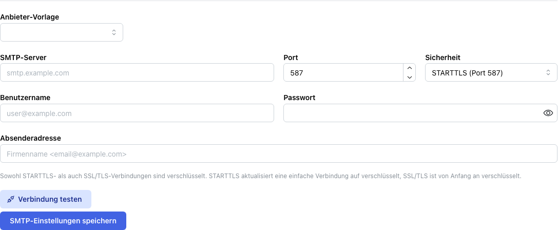 SMTP-Formular auf der Seite „E-Mail-Anbieter"