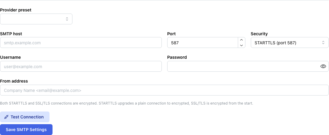SMTP form on the Email Provider settings page