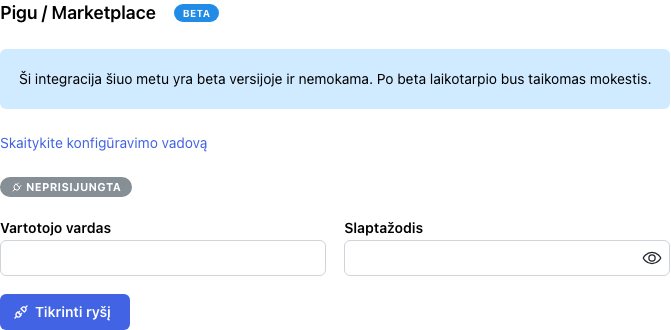 Pigu nustatymų puslapis